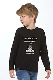 Erkek Çocuk Uzun Kollu Bisiklet Yaka "Tarık Bin Ziyad" Baskılı Tişört Mevsimlik Pamuklu