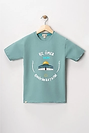 Erkek Çocuk Kısa Kollu Bisiklet Yaka "Hz Ömer" Baskılı Tişört Mevsimlik Pamuklu