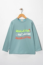 Kız Çocuk Uzun Kollu Bisiklet Yaka "Oruçluyum, Mutluyum" Baskılı Tişört Mevsimlik Pamuklu