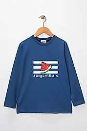 Erkek Çocuk Uzun Kollu Bisiklet Yaka "Özgür Filistin"  Baskılı Tişört Mevsimlik Pamuklu