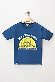 Erkek Çocuk Kısa Kollu Bisiklet Yaka "Fatih Sultan Mehmet" Baskılı Tişört Mevsimlik Pamuklu