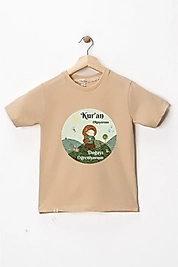Kız Çocuk Kısa Kollu Bisiklet Yaka "Kuran Okuyorum, Doğayı Öğreniyorum"  Baskılı Tişört Mevsimlik Pamuklu