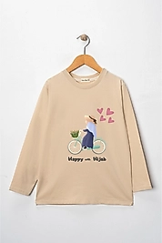 Kız Çocuk Uzun Kollu Bisiklet Yaka "Başörtümle Mutluyum"  Baskılı Tişört Mevsimlik Pamuklu