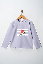 Kız Çocuk Uzun Kollu Bisiklet Yaka "Özgür Filistin" Baskılı Tişört Mevsimlik Pamuklu