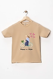 Kız Çocuk Kısa Kollu Bisiklet Yaka "Başörtümle Mutluyum" Baskılı Tişört Mevsimlik Pamuklu