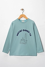 Erkek Çocuk Uzun Kollu Bisiklet Yaka "Haydi Camiye"  Baskılı Tişört Mevsimlik Pamuklu