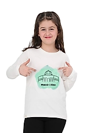 Kız Çocuk Uzun Kollu Bisiklet Yaka "Mescid-i Aksa"  Baskılı Tişört Mevsimlik Pamuklu