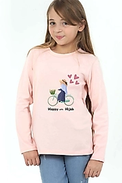 Kız Çocuk Uzun Kollu Bisiklet Yaka "Başörtümle Mutluyum"  Baskılı Tişört Mevsimlik Pamuklu