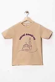 Kız Çocuk Kısa Kollu Bisiklet Yaka "Haydi Camiye"  Baskılı Tişört Mevsimlik Pamuklu