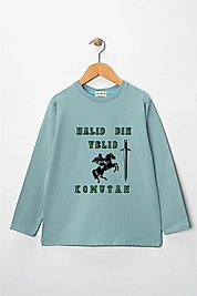 Erkek Çocuk Uzun Kollu Bisiklet Yaka "Hz Halid Bin Velid"  Baskılı Tişört Mevsimlik Pamuklu