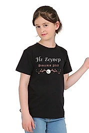 Kız Çocuk Kısa Kollu Bisiklet Yaka "Hz Zeynep" Baskılı Tişört Mevsimlik Pamuklu