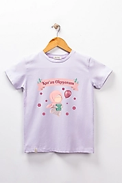 Kız Çocuk Kısa Kollu Bisiklet Yaka "Kuran Okuyorum" Baskılı Tişört Mevsimlik Pamuklu