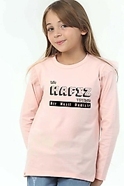 Kız Çocuk Uzun Kollu Bisiklet Yaka "Bir Hafız Yetişir, Bir Nesil Yetişir" Baskılı Tişört Mevsimlik Pamuklu