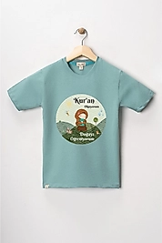Kız Çocuk Kısa Kollu Bisiklet Yaka "Kuran Okuyorum, Doğayı Öğreniyorum"  Baskılı Tişört Mevsimlik Pamuklu