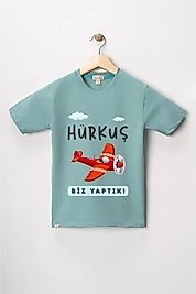 Erkek Çocuk Kısa Kollu Bisiklet Yaka "Hürkuş Biz Yaptık" Baskılı Tişört Mevsimlik Pamuklu
