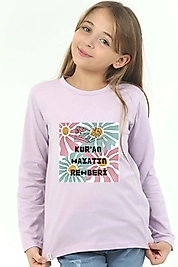 Kız Çocuk Uzun Kollu Bisiklet Yaka "Kuran Hayatın Rehberi" Baskılı Tişört Mevsimlik Pamuklu