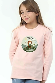 Kız Çocuk Uzun Kollu Bisiklet Yaka "Kuran Okuyorum, Doğayı Öğreniyorum" Baskılı Tişört Mevsimlik Pamuklu
