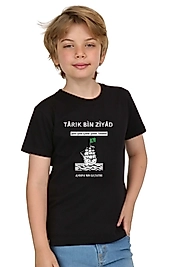 Erkek Çocuk Kısa Kollu Bisiklet Yaka "Tarık Bin Ziyad" Baskılı Tişört Mevsimlik Pamuklu