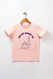 Kız Çocuk Kısa Kollu Bisiklet Yaka "Haydi Camiye"  Baskılı Tişört Mevsimlik Pamuklu