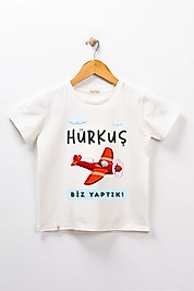 Erkek Çocuk Kısa Kollu Bisiklet Yaka "Hürkuş Biz Yaptık" Baskılı Tişört Mevsimlik Pamuklu