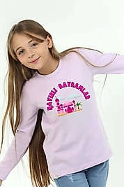 Kız Çocuk Uzun Kollu Bisiklet Yaka "Hayırlı Bayramlar" Baskılı Tişört Mevsimlik Pamuklu