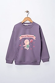 Kız Çocuk "Kuran Okuyorum" Baskılı Pamuklu Sweat