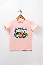 Kız Çocuk Kısa Kollu Bisiklet Yaka "Ramazan Kahramanları" Baskılı Tişört Mevsimlik Pamuklu