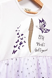 Kız Çocuk Tüllü "Elif Nesli Geliyor" Baskılı Elbise Lila