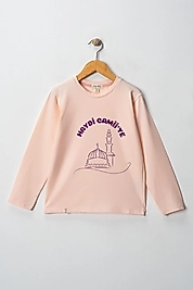 Kız Çocuk Uzun Kollu Bisiklet Yaka "Haydi Camiye"  Baskılı Tişört Mevsimlik Pamuklu