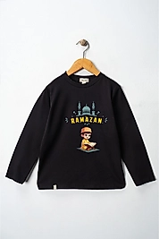 Erkek Çocuk Uzun Kollu Bisiklet Yaka "Ramazan" Baskılı Tişört Mevsimlik Pamuklu