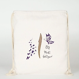 "Elif Nesli Geliyor "Lila Baskılı Ham Bez Sırt Çantası %100 Pamuk