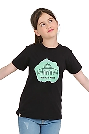 Kız Çocuk Kısa Kollu Bisiklet Yaka "Mescid-i Aksa" Baskılı Tişört Mevsimlik Pamuklu