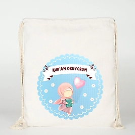 "Kuran Okuyorum Kalpli"   Baskılı Ham Bez Sırt Çantası %100 Pamuk Krem