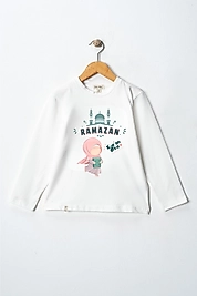 Kız Çocuk Uzun Kollu Bisiklet Yaka "Ramazan" Baskılı Tişört Mevsimlik Pamuklu
