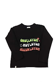 Kız Çocuk Uzun Kollu Bisiklet Yaka "Oruçluyum, Mutluyum" Baskılı Tişört Mevsimlik Pamuklu