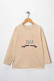 Kız Çocuk Uzun Kollu Bisiklet Yaka "Dua Hayalinin Anahtarı"  Baskılı Tişört Mevsimlik Pamuklu