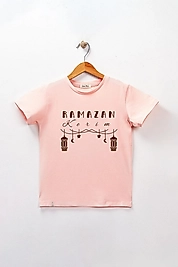 Kız Çocuk Kısa Kollu Bisiklet Yaka "Mübarek Ramazan" Baskılı Tişört Mevsimlik Pamuklu