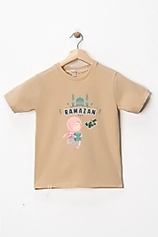 Kız Çocuk Kısa Kollu Bisiklet Yaka "Ramazan" Baskılı Tişört Mevsimlik Pamuklu