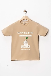 Erkek Çocuk Kısa Kollu Bisiklet Yaka "Tarık Bin Ziyad" Baskılı Tişört Mevsimlik Pamuklu