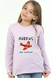Kız Çocuk Uzun Kollu Bisiklet Yaka "Hürkuş Biz Yaptık" Baskılı Tişört Mevsimlik Pamuklu