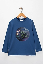 Erkek Çocuk Uzun Kollu Bisiklet Yaka "Kuran Okuyorum, Uzayı Öğreniyorum"  Baskılı Tişört Mevsimlik Pamuklu