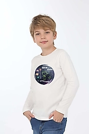 Erkek Çocuk Uzun Kollu Bisiklet Yaka "Kuran Okuyorum, Uzayı Öğreniyorum"  Baskılı Tişört Mevsimlik Pamuklu