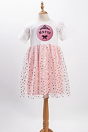 Kız Çocuk Tüllü "Hafız" Pembe Baskılı Elbise