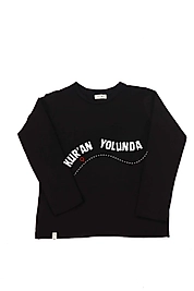 Çocuk Uzun Kollu Bisiklet Yaka "Kuran Yolunda" Baskılı Tişört Mevsimlik Pamuklu