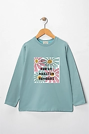 Kız Çocuk Uzun Kollu Bisiklet Yaka "Kuran Hayatın Rehberi" Baskılı Tişört Mevsimlik Pamuklu