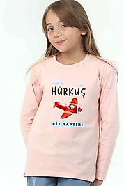 Kız Çocuk Uzun Kollu Bisiklet Yaka "Hürkuş Biz Yaptık" Baskılı Tişört Mevsimlik Pamuklu