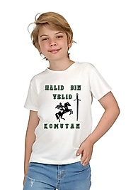 Erkek Çocuk Kısa Kollu Bisiklet Yaka "Hz Halid Bin Velid"  Komutan Baskılı Tişört Mevsimlik Pamuklu