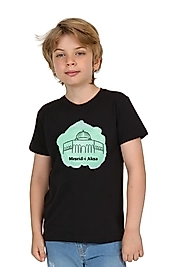 Erkek Çocuk Kısa Kollu Bisiklet Yaka "Mescid-i Aksa" Baskılı Tişört Mevsimlik Pamuklu