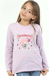 Kız Çocuk Uzun Kollu Bisiklet Yaka "Kuran Okuyorum" Baskılı Tişört Mevsimlik Pamuklu