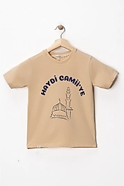 Erkek Çocuk Kısa Kollu Bisiklet Yaka "Haydi Camiye" Baskılı Tişört Mevsimlik Pamuklu